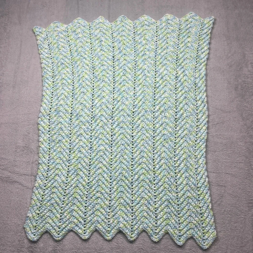 Handmade Crochet Baby Blanket Set 2pc Mint Green White Chevron Blue Multi